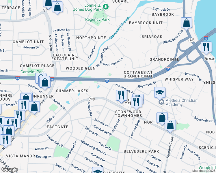 map of restaurants, bars, coffee shops, grocery stores, and more near 3606 Chaffin Street in Pensacola