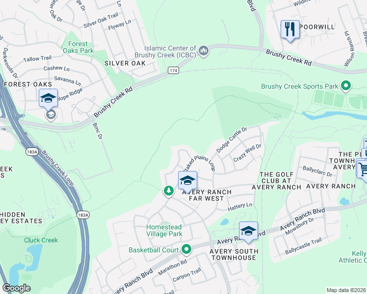 map of restaurants, bars, coffee shops, grocery stores, and more near 12012 Springs Head Loop in Austin