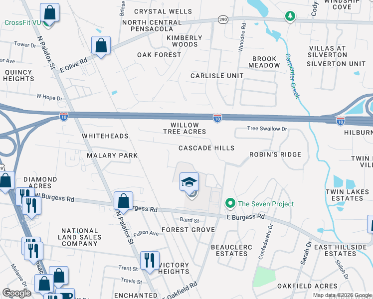 map of restaurants, bars, coffee shops, grocery stores, and more near 193 Overlook Drive in Pensacola
