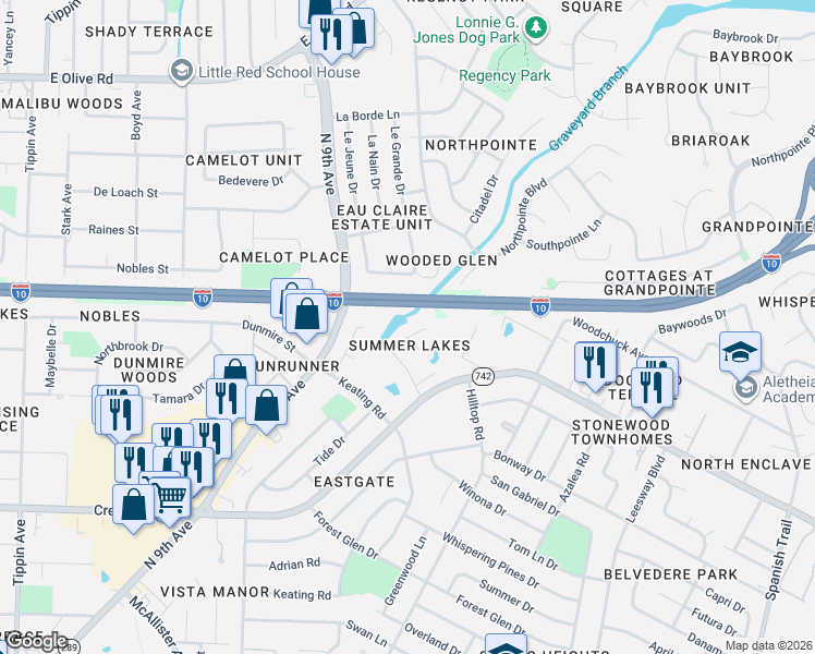 map of restaurants, bars, coffee shops, grocery stores, and more near 6333 Summer Lakes Lane in Pensacola