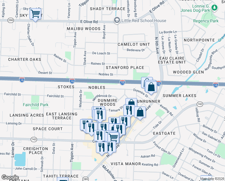 map of restaurants, bars, coffee shops, grocery stores, and more near 1241 Northbrook Drive in Pensacola