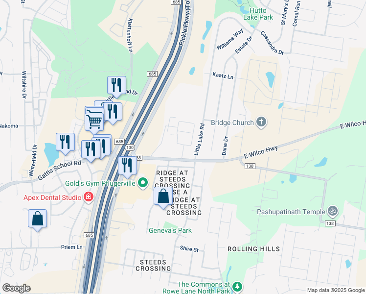 map of restaurants, bars, coffee shops, grocery stores, and more near 103 Little Lake Road in Hutto