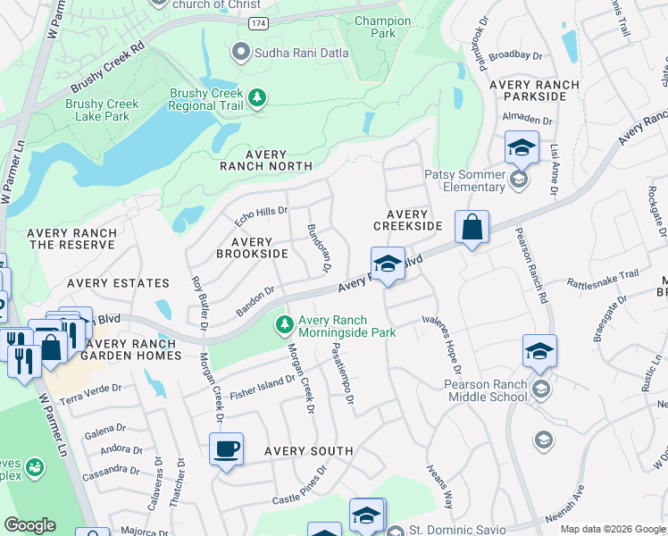 map of restaurants, bars, coffee shops, grocery stores, and more near 9717 Bundoran Drive in Austin