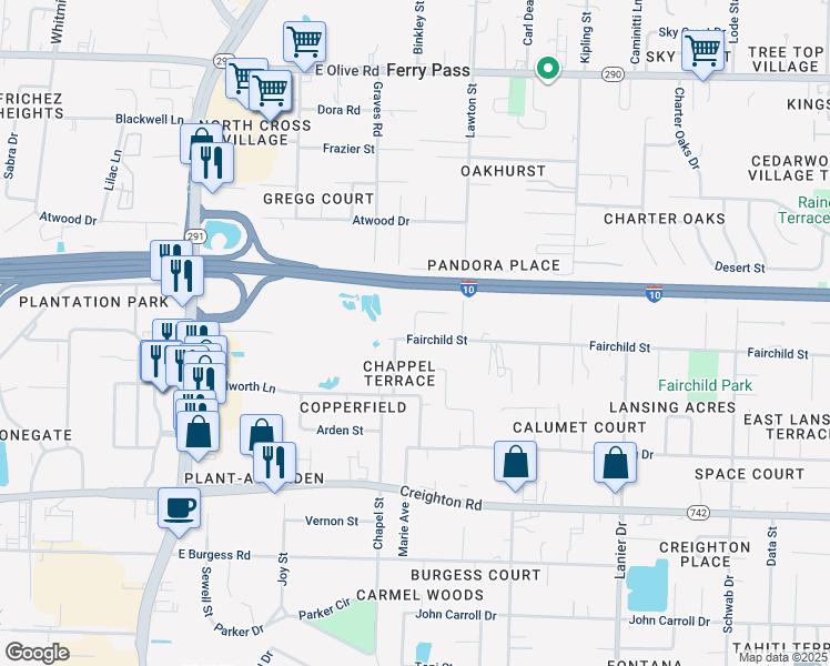 map of restaurants, bars, coffee shops, grocery stores, and more near 7270 Chapel Street in Pensacola