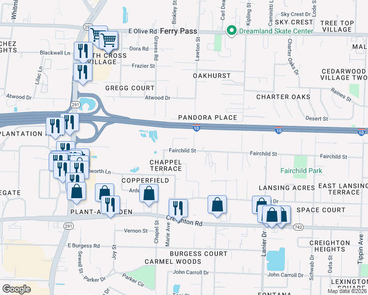 map of restaurants, bars, coffee shops, grocery stores, and more near 1351 Fairchild Street in Pensacola