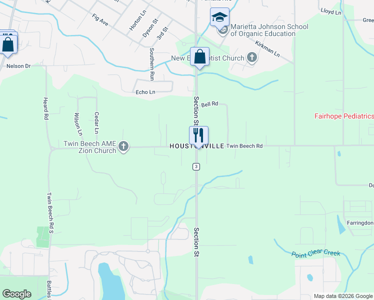 map of restaurants, bars, coffee shops, grocery stores, and more near 18936 Denton Lane in Fairhope
