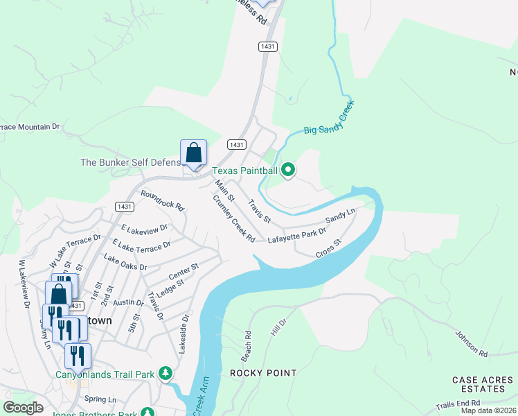 map of restaurants, bars, coffee shops, grocery stores, and more near 11514 Travis Street in Jonestown