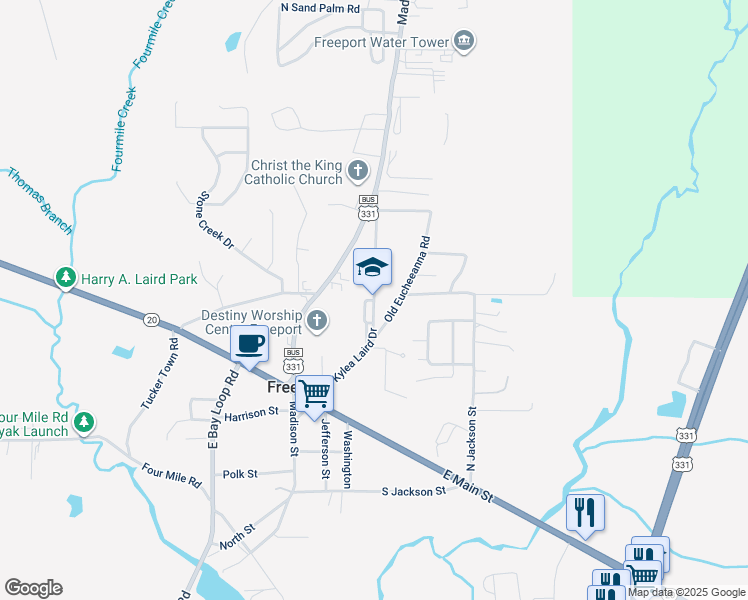 map of restaurants, bars, coffee shops, grocery stores, and more near 360 Kylea Laird Drive in Freeport