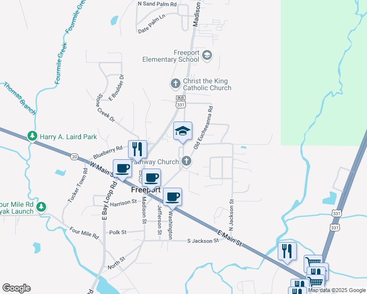 map of restaurants, bars, coffee shops, grocery stores, and more near 360 Kylea Laird Drive in Freeport