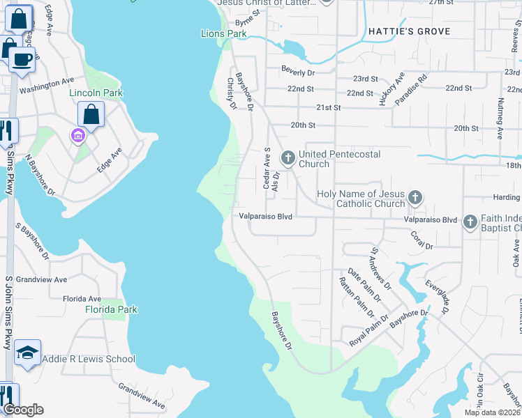 map of restaurants, bars, coffee shops, grocery stores, and more near 805 Valparaiso Boulevard in Niceville