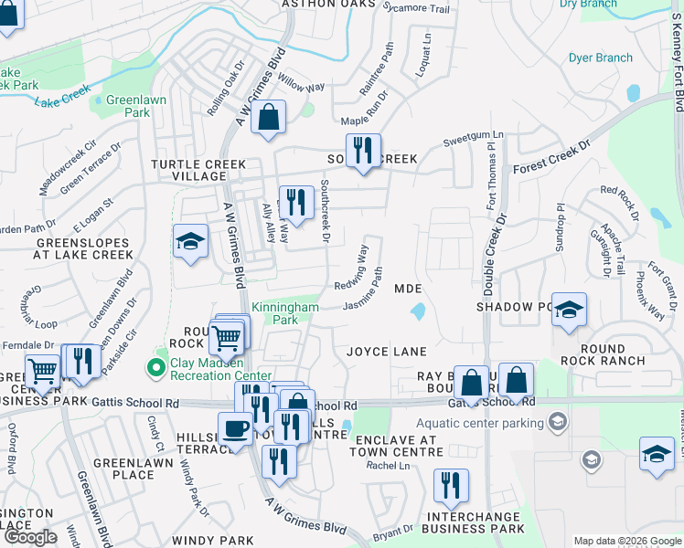 map of restaurants, bars, coffee shops, grocery stores, and more near 2125 Redwing Way in Round Rock