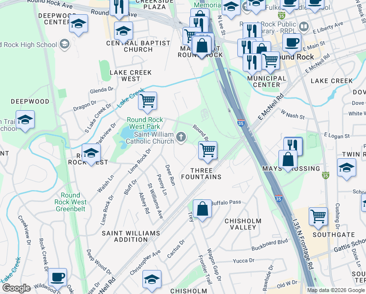 map of restaurants, bars, coffee shops, grocery stores, and more near 620 Round Rock West Drive in Round Rock