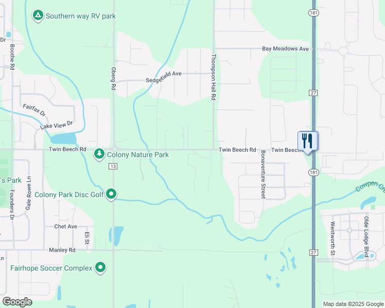 map of restaurants, bars, coffee shops, grocery stores, and more near 9376-9498 Twin Beech Road in Fairhope