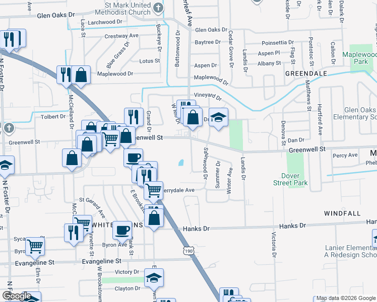 map of restaurants, bars, coffee shops, grocery stores, and more near 5528 Silverleaf Avenue in Baton Rouge
