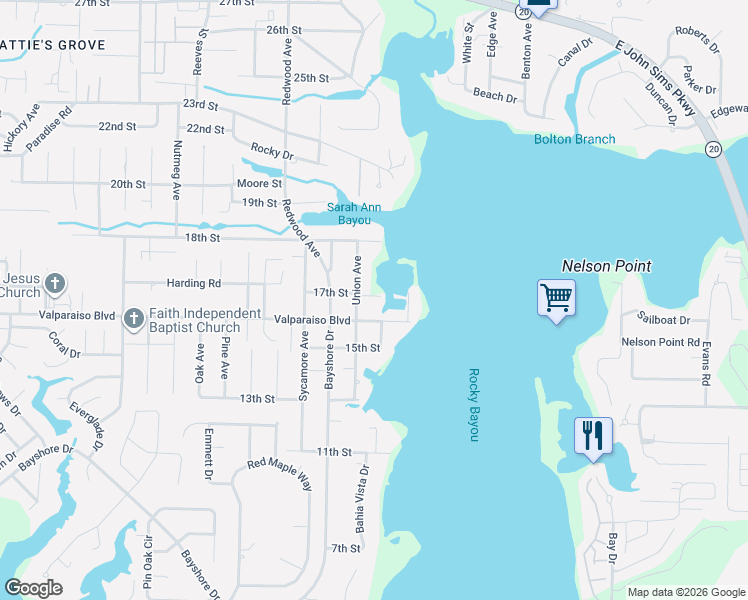 map of restaurants, bars, coffee shops, grocery stores, and more near 1815 Valparaiso Boulevard in Niceville