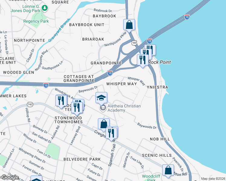 map of restaurants, bars, coffee shops, grocery stores, and more near 4483 Whisper Court in Pensacola
