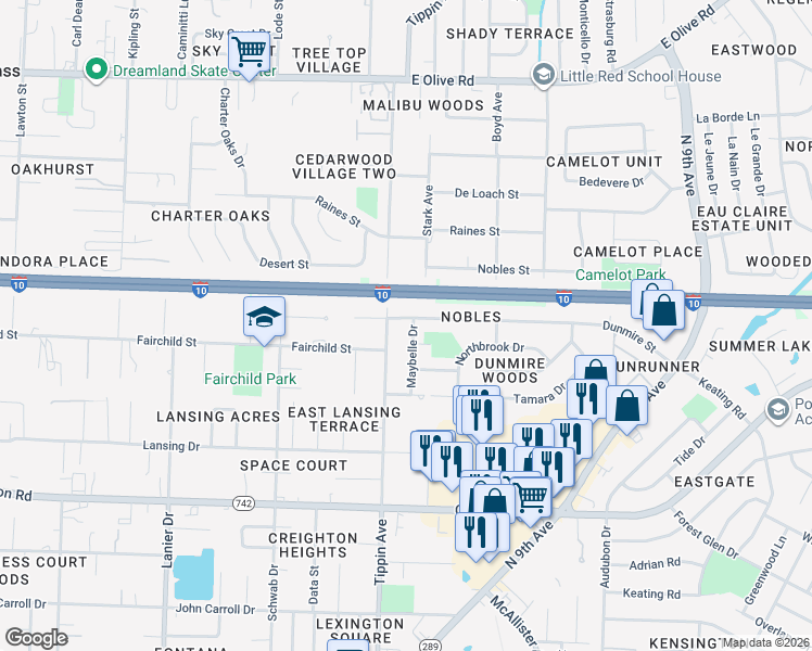 map of restaurants, bars, coffee shops, grocery stores, and more near 6222 Maybelle Drive in Pensacola