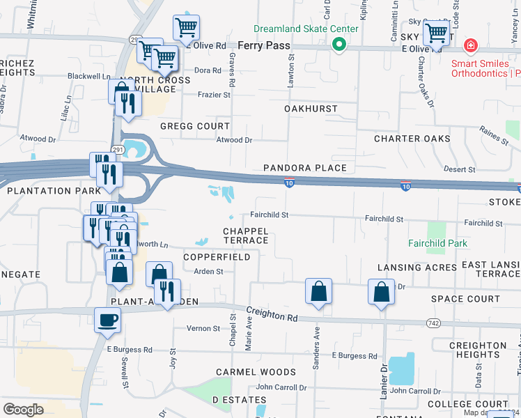 map of restaurants, bars, coffee shops, grocery stores, and more near 7270 Chapel Street in Pensacola