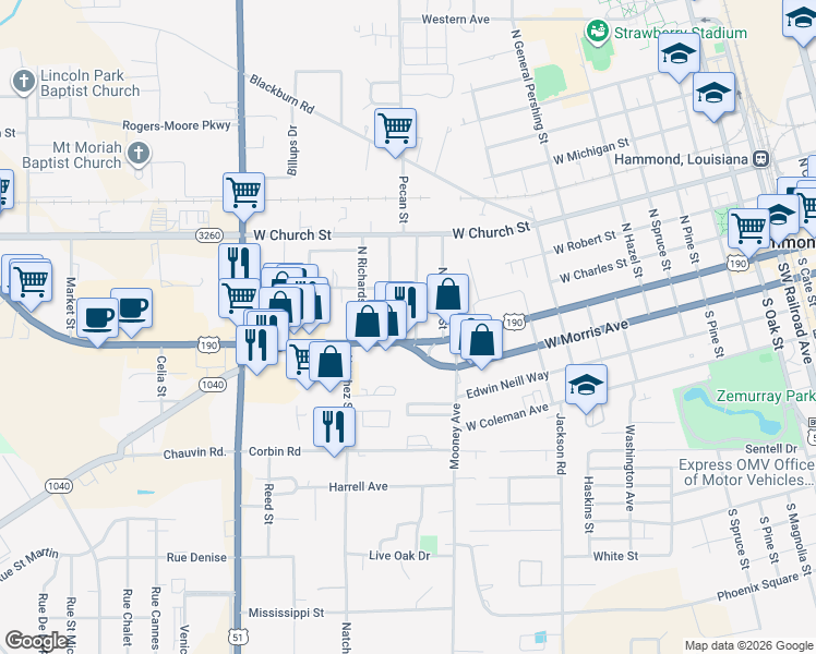 map of restaurants, bars, coffee shops, grocery stores, and more near 1322 Ronald Reagan Highway in Hammond