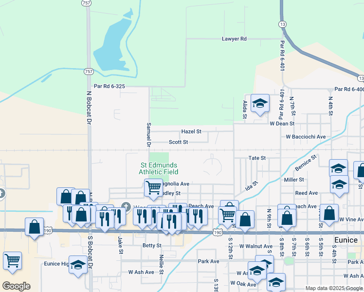 map of restaurants, bars, coffee shops, grocery stores, and more near 1651 Scott Street in Eunice