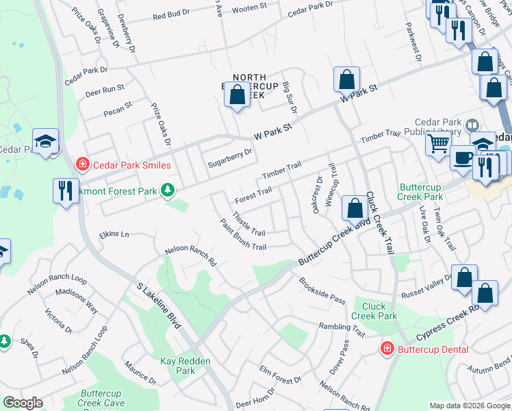 map of restaurants, bars, coffee shops, grocery stores, and more near 1106 Pebble Brook Road in Cedar Park