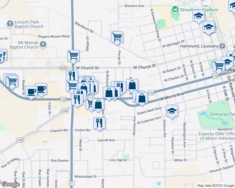 map of restaurants, bars, coffee shops, grocery stores, and more near 1505 West Thomas Street in Hammond