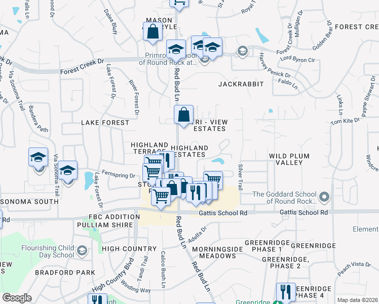 map of restaurants, bars, coffee shops, grocery stores, and more near 308 Highland Estates Drive in Round Rock
