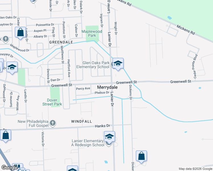 map of restaurants, bars, coffee shops, grocery stores, and more near in Merrydale