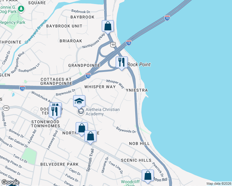 map of restaurants, bars, coffee shops, grocery stores, and more near 7451 Baywoods Lane in Pensacola