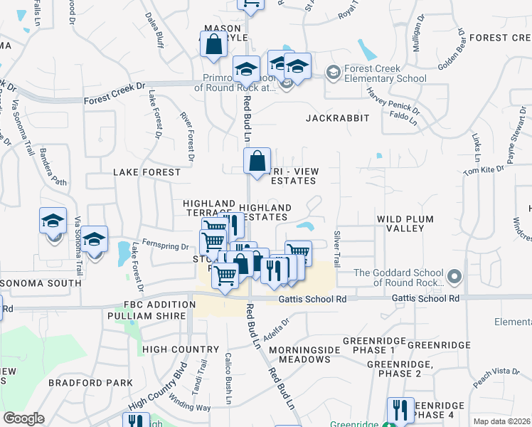 map of restaurants, bars, coffee shops, grocery stores, and more near 308 Highland Estates Drive in Round Rock