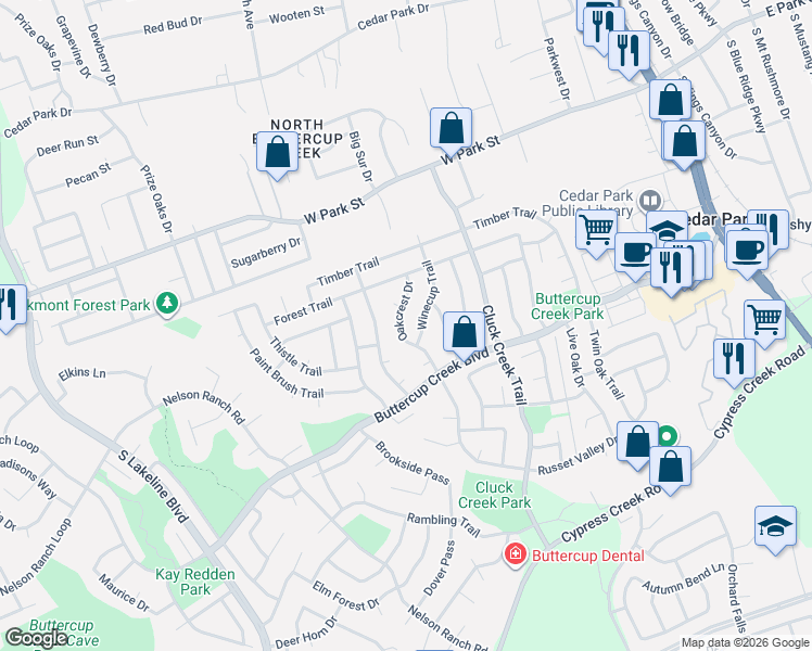 map of restaurants, bars, coffee shops, grocery stores, and more near 409 Oakcrest Drive in Cedar Park