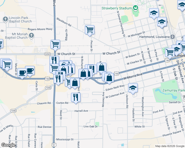 map of restaurants, bars, coffee shops, grocery stores, and more near 1322 Ronald Reagan Highway in Hammond