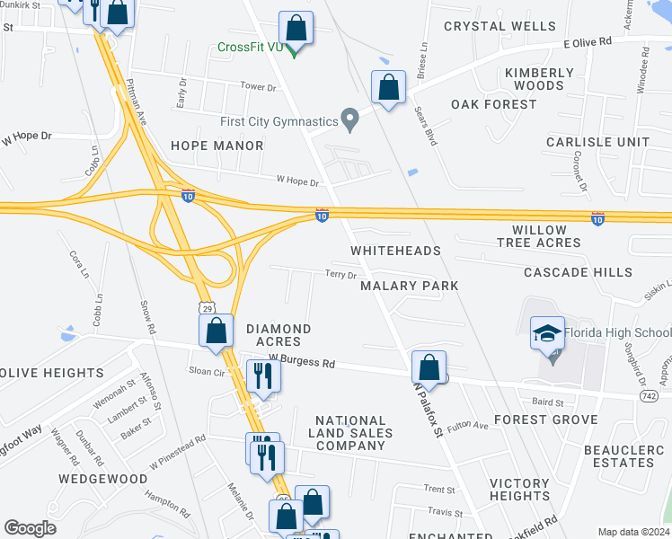 map of restaurants, bars, coffee shops, grocery stores, and more near 6686 Westmont Street in Pensacola