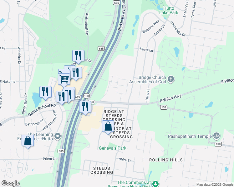 map of restaurants, bars, coffee shops, grocery stores, and more near 1522 Saint Leger Street in Pflugerville