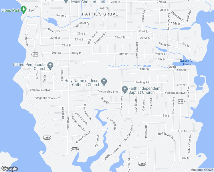 map of restaurants, bars, coffee shops, grocery stores, and more near 1200 Valparaiso Boulevard in Niceville