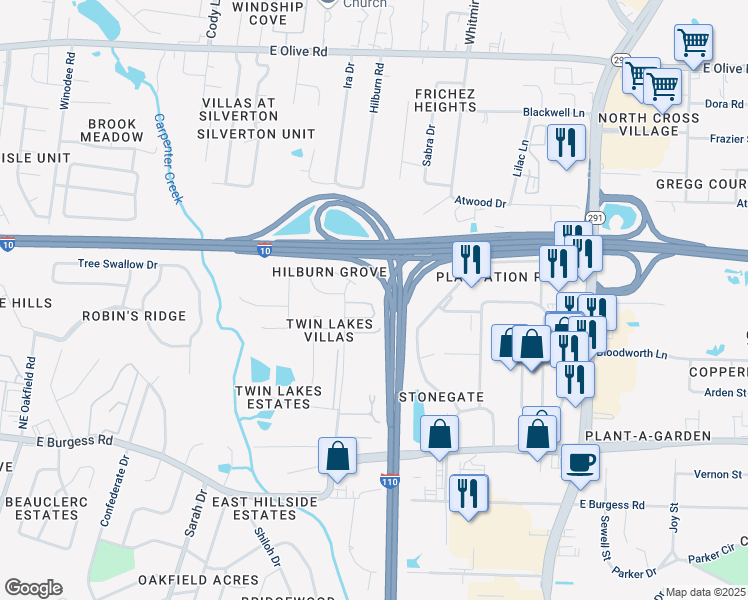 map of restaurants, bars, coffee shops, grocery stores, and more near 7270 Hilburn Road in Pensacola