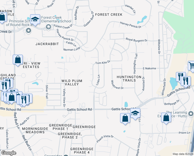 map of restaurants, bars, coffee shops, grocery stores, and more near 3924 Links Lane in Round Rock