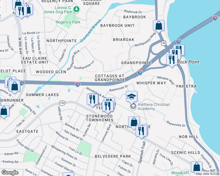 map of restaurants, bars, coffee shops, grocery stores, and more near 3922 Elmcrest Drive in Pensacola