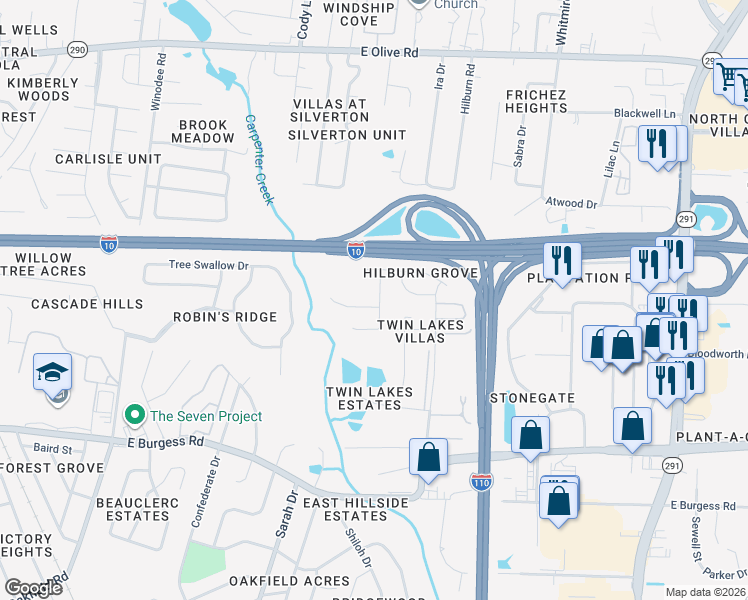 map of restaurants, bars, coffee shops, grocery stores, and more near 7200 Hilburn Road in Pensacola