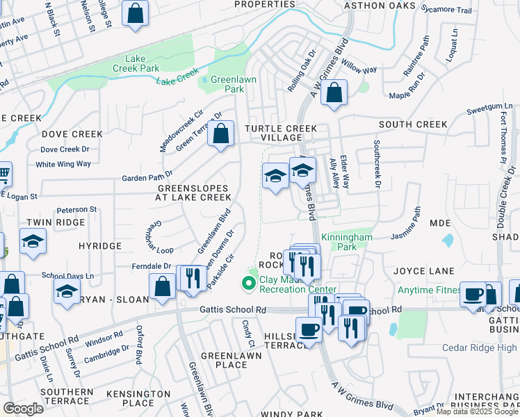 map of restaurants, bars, coffee shops, grocery stores, and more near Greater Lake Creek Trail in Round Rock