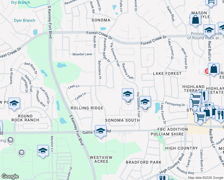 map of restaurants, bars, coffee shops, grocery stores, and more near 979 Leah Lane in Round Rock