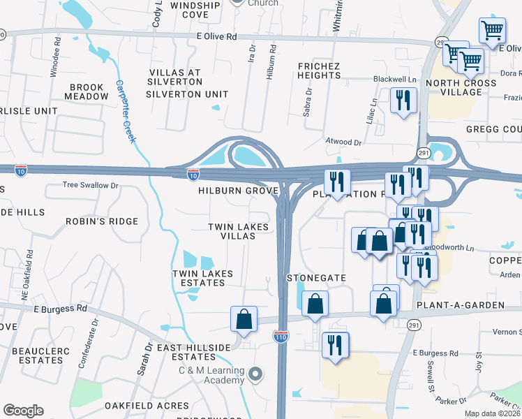 map of restaurants, bars, coffee shops, grocery stores, and more near 7250 Hilburn Road in Pensacola