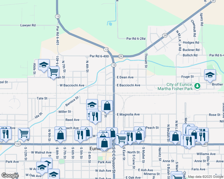 map of restaurants, bars, coffee shops, grocery stores, and more near 700-734 North C C Duson Street in Eunice