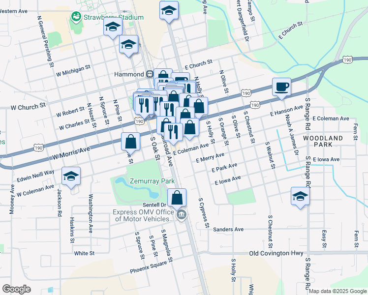 map of restaurants, bars, coffee shops, grocery stores, and more near 400 South Cypress Street in Hammond