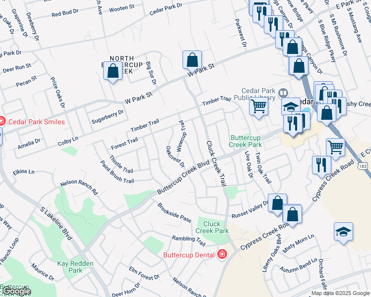 map of restaurants, bars, coffee shops, grocery stores, and more near 410 Oakcrest Drive in Cedar Park