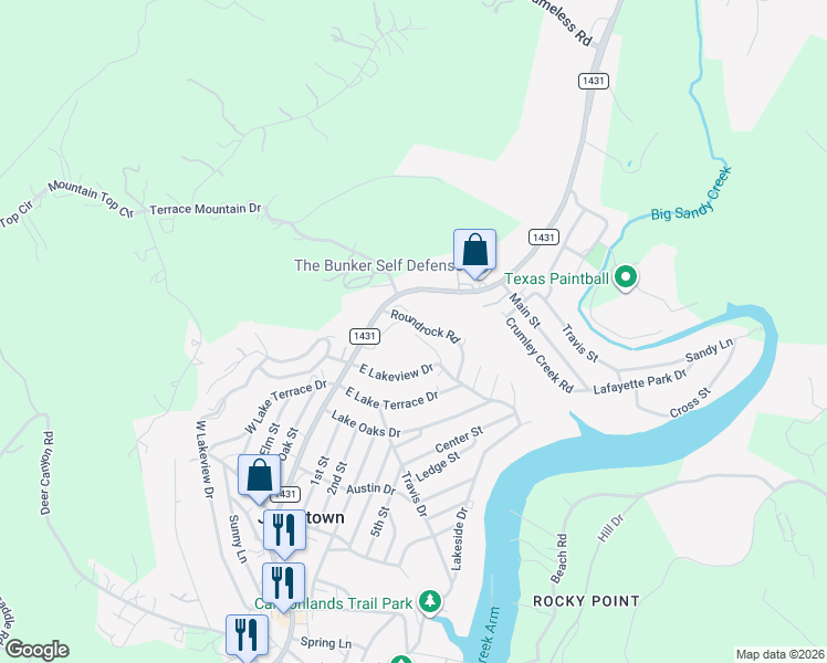 map of restaurants, bars, coffee shops, grocery stores, and more near 18501 Roundrock Road in Jonestown