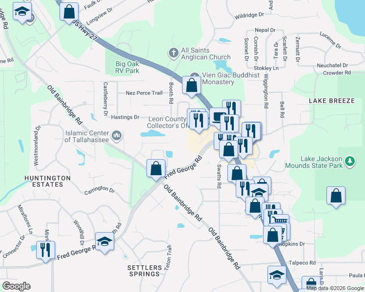 map of restaurants, bars, coffee shops, grocery stores, and more near 3380 Fred George Road in Tallahassee