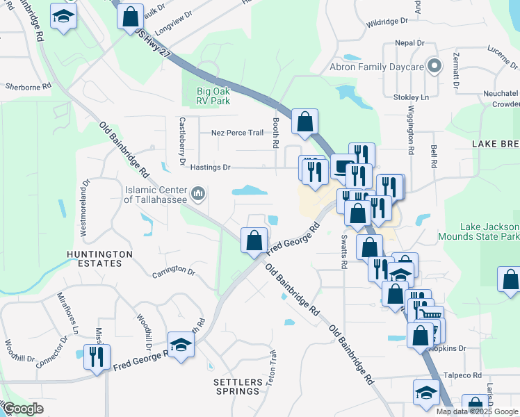 map of restaurants, bars, coffee shops, grocery stores, and more near 3380 Fred George Road in Tallahassee