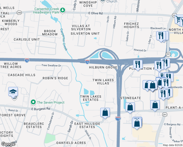 map of restaurants, bars, coffee shops, grocery stores, and more near 7200 Hilburn Road in Pensacola