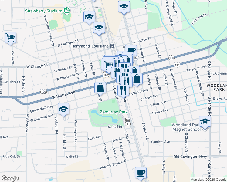 map of restaurants, bars, coffee shops, grocery stores, and more near 206 West Coleman Avenue in Hammond